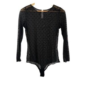 Spanx Sheer Fashion Mesh Thong Bodysuit Flocked Dot Long Sleeve Black Womens 1XL
